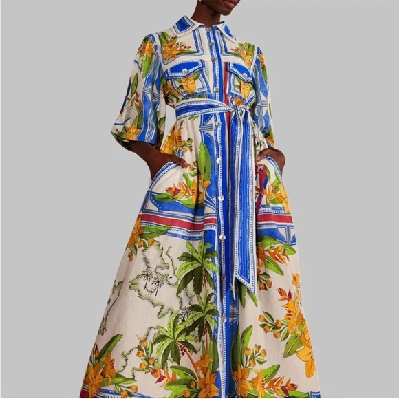 FARM RIO Blue White Tropical Floral Print Puff Sleeve Belted Linen Midi
Dress - Picture 3 of 5